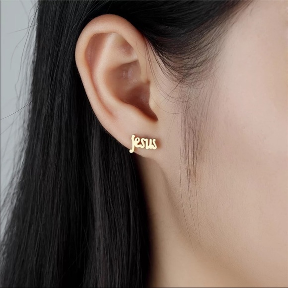 New Hiphop Rock Jesus Stud Earrings Gold - Picture 2 of 4